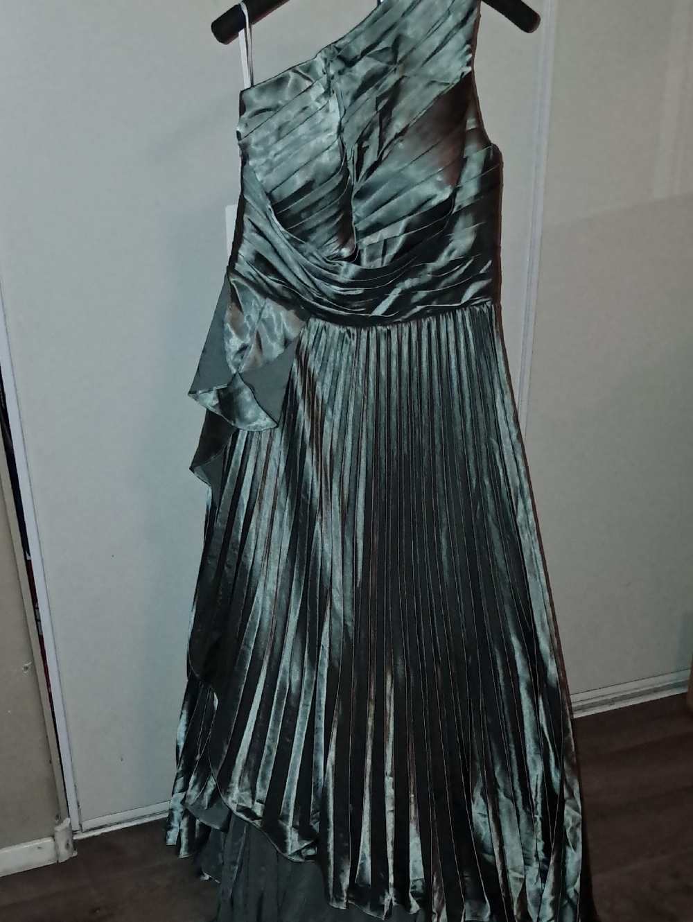 One-Shoulder Pleated Satin Evening Dress - Deep Teal High Low Skirt